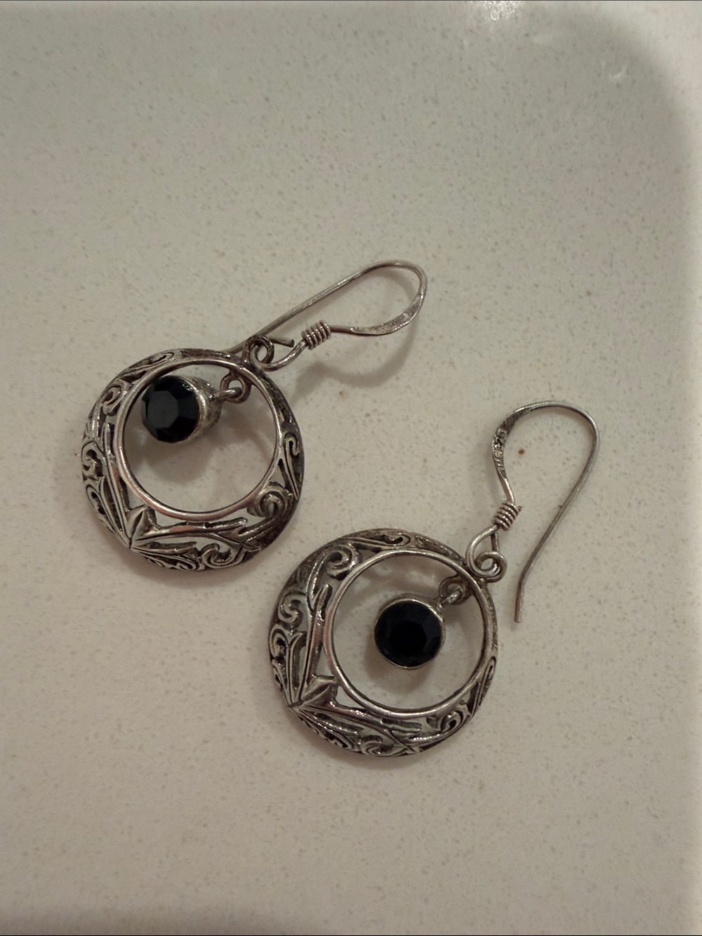MC 925 Sterling Silver Filigree Drop Earrings with Black Stone